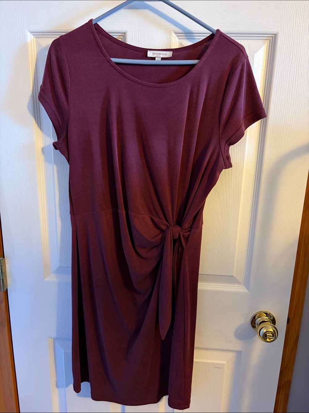 Skies Are Blue Burgundy Side Tie Short Sleeve Dress